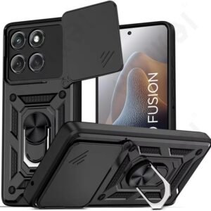 Robot Ring Thunder Case, Shockproof Hybrid Kickstand Back Case Defender Cover for Motorola Moto Edge 60 Fusion 5G – Black (Sliding Camera Window)