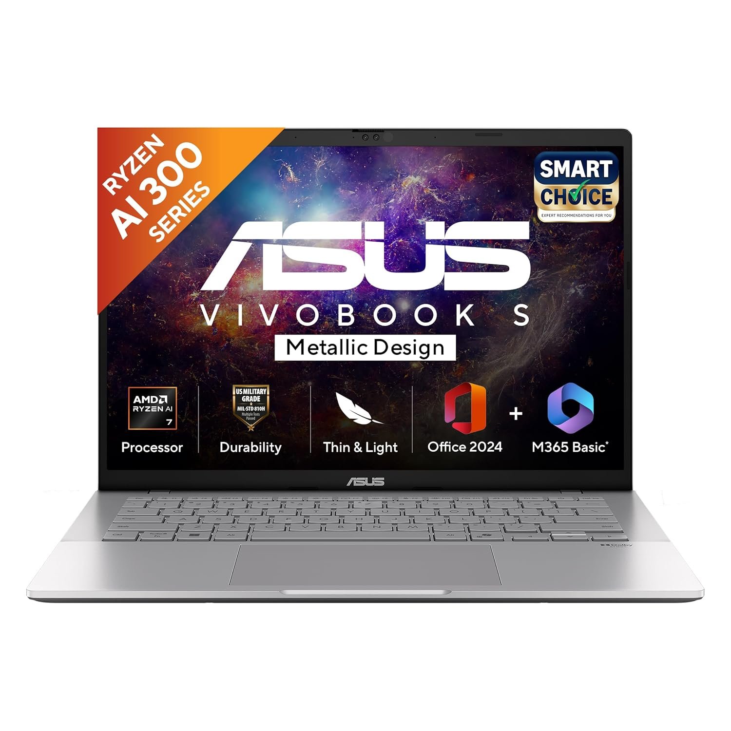 ASUS Vivobook S14, Smartchoice, AMD Ryzen AI 5 330, 16GB RAM, 512GB SSD,FHD+ 14", Win11, Office 2024,M365 Basic (1Year),Cool Silver, 1.4Kg, M3407KA-SF2501WS, 50 TOPS, Metallic Design Copilot AI Laptop