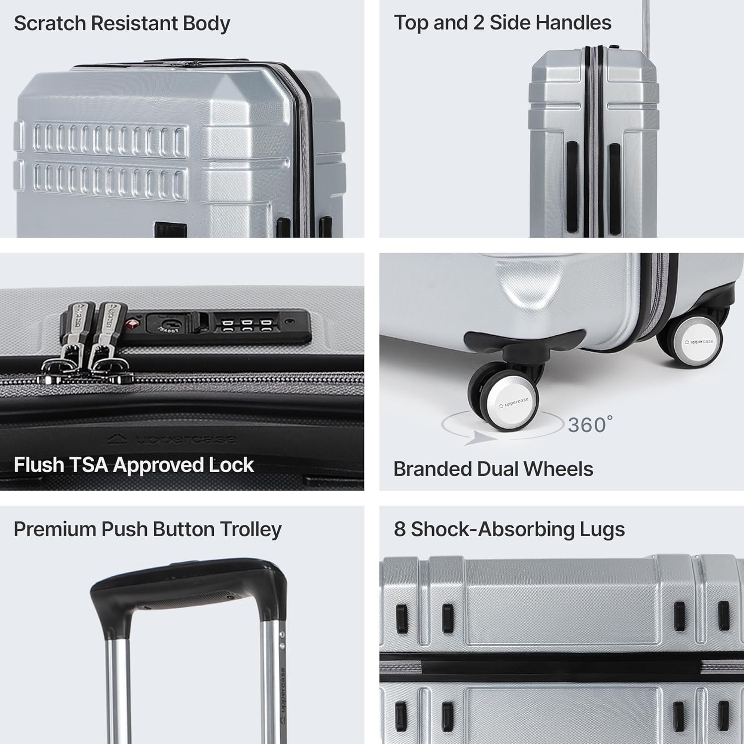 uppercase Bullet (Large) 74Cm, Spinner, Check-In Trolley Bag, Hardsided Anti-Scratch 8 Wheel Luggage, Tsa Lock & Anti-Theft Zippers, Suitcase For Unisex, 2000 Days Warranty (Silver, 32 X 54 X 74 Cm) - Image 6