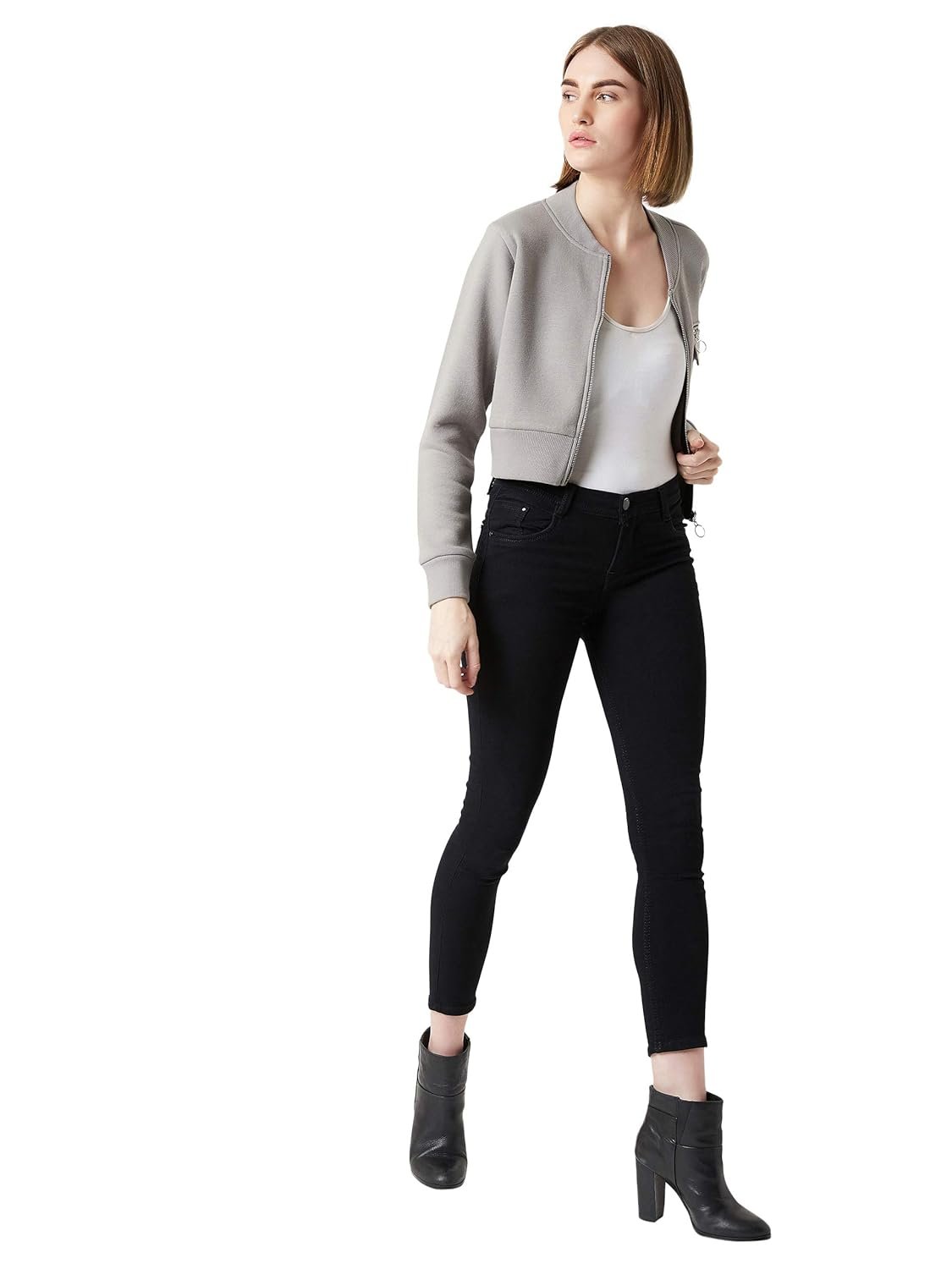 Miss Chase Women's Grey Collared Full Sleeves Solid Bomber Cropped Jacket - Image 2