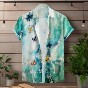 Watercolor Butterfly Print Mens Regular Fit Shirt, Short Sleeve, Summer Beach Style, Casual Hawaiian Pattern