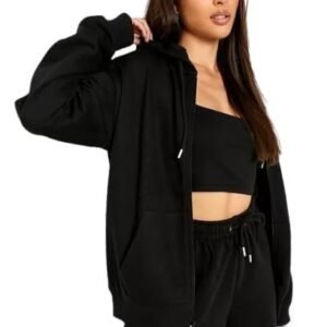 Solid Hoodie Long Sleeve Front Zipper with 2 Pockets Sweatshirt for Women