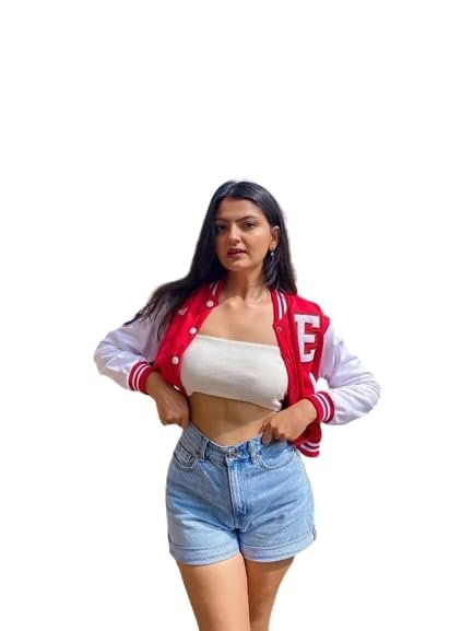 Varsity Jacket for Women| Casual Wear Crop Half Sleeve Red & White Jacket (Size S,XXL) - Image 2