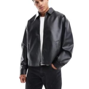 Men’s Black Faux Leather Bomber Jacket With Front Zip Closure And Minimal Design For Casual Or Semi Formal Look