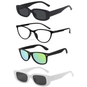 Unisex Retro, Cateye, Rectangle Sunglasses For Women And Men | Stylish Classic Shades Black, Clear, Green, White | Latest Branded Combo Offer Pack UV400 Protection Fashion Glasses With Box #1378