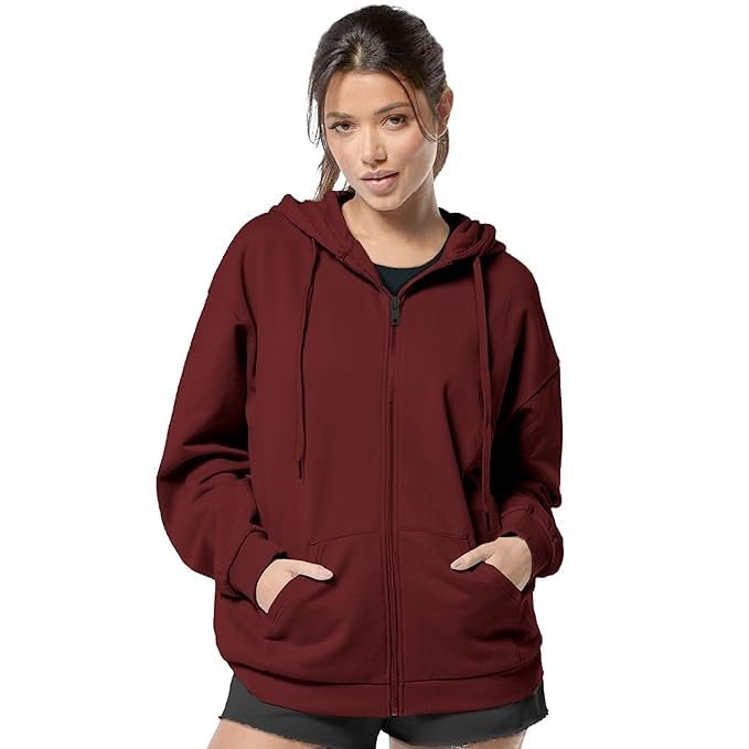 Solid Hooded Neck Long Sleeves Zip-up Jacket For Women's (IN, Alpha, 2XL, Regular, MAROON) - Image 4
