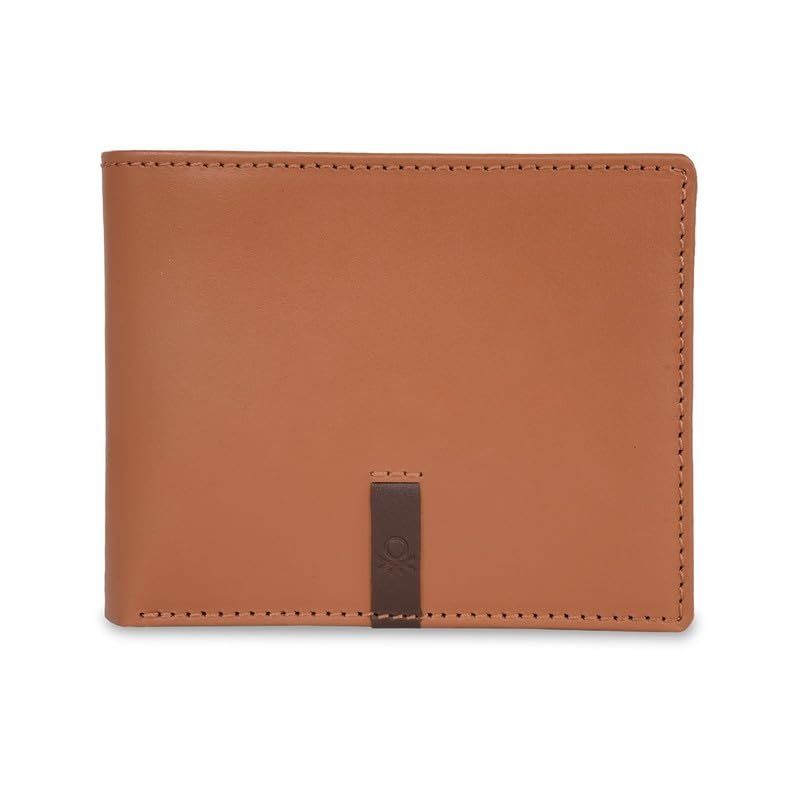 UNITED COLORS OF BENETTON Men RFID Protected Derwent Slimfold Wallet - Tan+Brown, No. of Card Slot: 8 | Tape Inlayed Slimfold Wallet with Side Closure | Leather