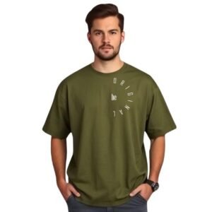 Oversized T-Shirt, Military Green, Casual Crew Neck, Short Sleeve