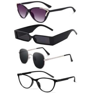 Unisex Cateye, MCStan, Rectangle Sunglasses For Women And Men | Stylish Classic Shades Black, Clear | Latest Branded Combo Offer Pack UV400 Protection Fashion Glasses With Box #1461