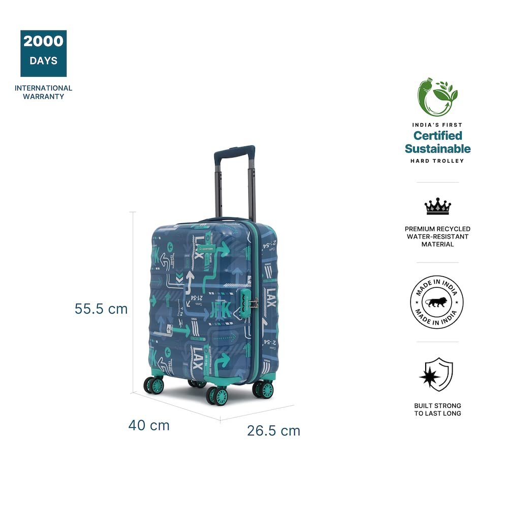 uppercase JFK (Small) 56cms | Hardsided Cabin Trolley Bag for Travel |Eco Polycarbonate Printed Luggage |Combination Lock|8 Spinner Wheel Trolley Bag |Suitcase for Men & Women |(Denim Blue) - Image 4