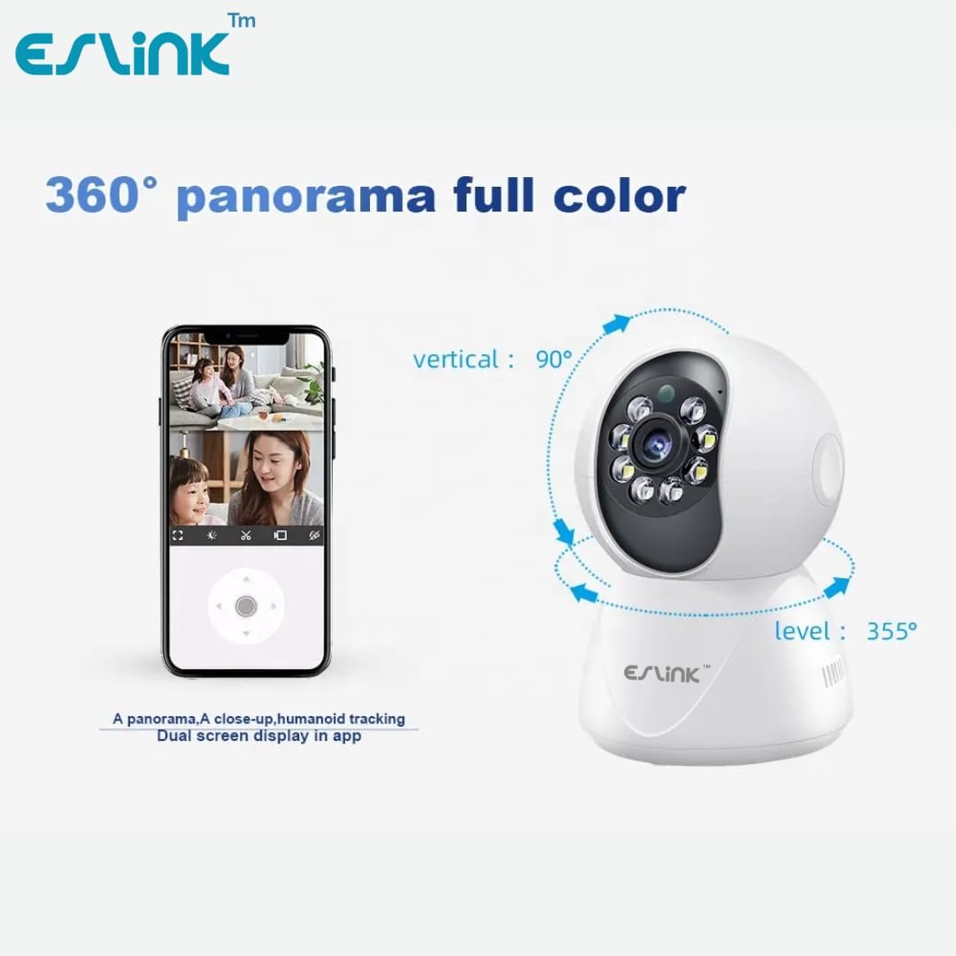 ESLINK Smart 360° (1080p) CCTV Camera,Wi-Fi Indoor Home Security Camera,AI Person Detection,Automatic Alarm,App Alerts,NightPulse Vision,SD & Cloud Storage for Office,Temple Etc