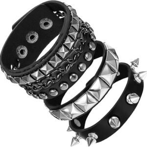 3Pcs Punk Bracelet For Men,Gothic Jewellery, Black Leather Wristband, Punk Style Accessories For Concerts, Parties, Friends Gathering