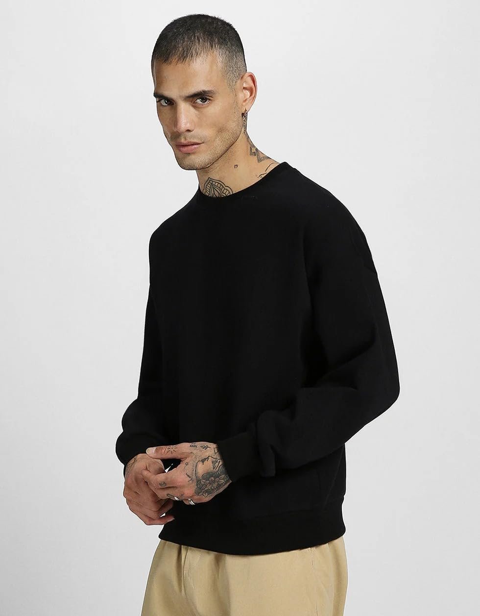 Veirdo Cotton Poly Fleece Oversized Fit Full Sleeves Ribbed Solid Crew Neck Sweatshirt for Men - Image 6