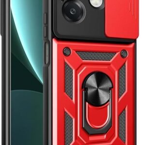 Tough Armor Bumper Back Case Cover | Ring Holder & Sliding Camera Shield Cover | 360 Degree Protection Back Case Cover for Oppo A5 Pro 5G – Red