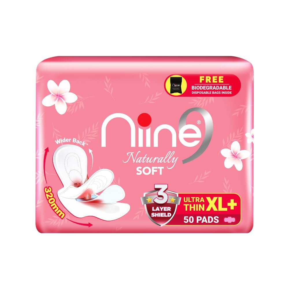 NIINE Naturally Soft Ultra Thin XL+ Sanitary Napkins |320mm Long|Cottony Soft Control Rashes|Long Lasting protection |Suitable for Heavy Flow with Free Biodegradable Disposal Bags (Pack of 1) 50 Pads