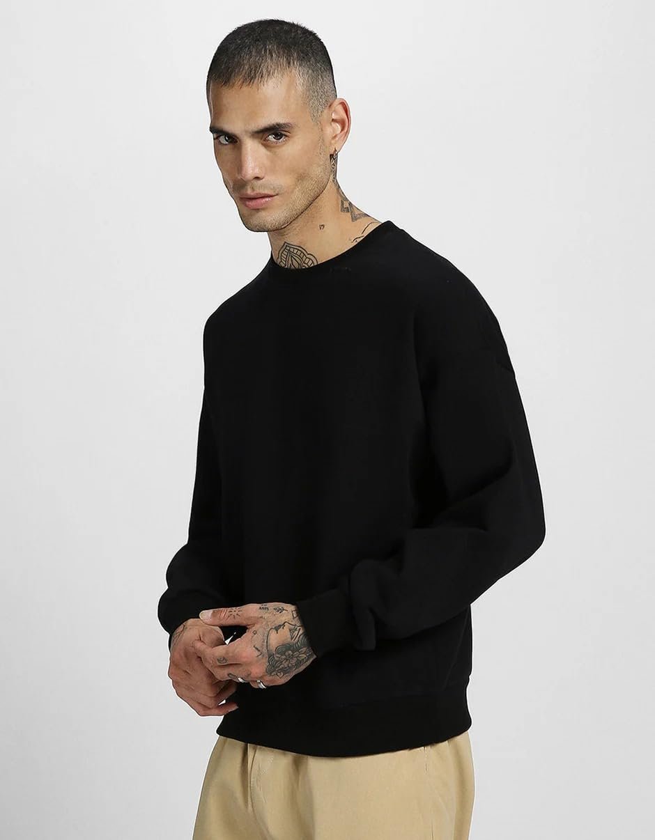 Veirdo Cotton Poly Fleece Oversized Fit Full Sleeves Ribbed Solid Crew Neck Sweatshirt for Men - Image 3