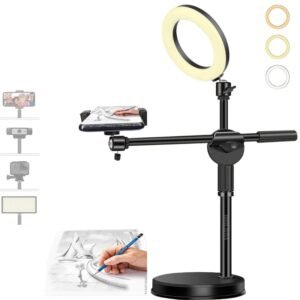BROLAVIYA Overhead Video Stand with 6-inch Ring Light, Metal Rod,1/4″ Ball Head for Camera,Webcam,Gopro, with Mobile Bracket for Overhead Video,Desktop,Bedroom, Office.