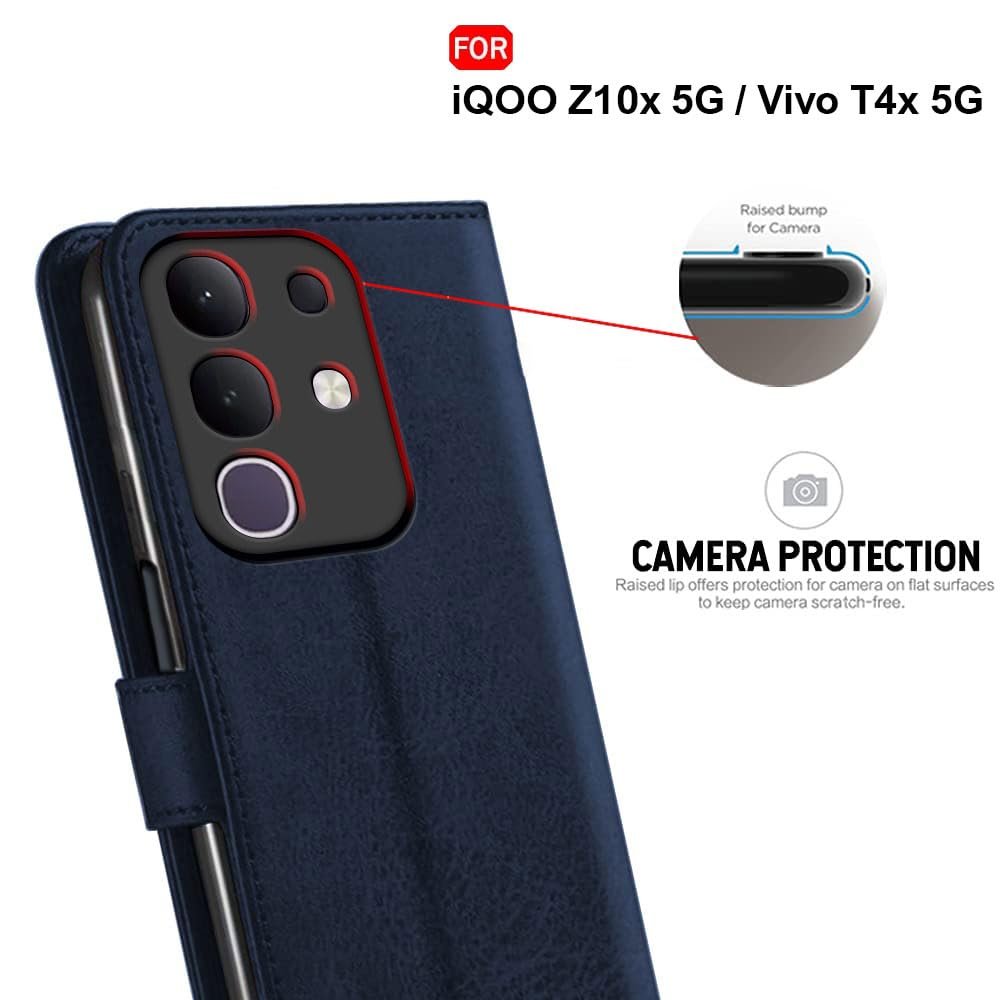 TheGiftKart Flip Cover Back Case for iQOO Z10x 5G / Vivo T4x 5G | Genuine Leather Finish | Designer Button | Inbuilt Pockets & Stand | Flip Cover for iQOO Z10x 5G / Vivo T4x 5G (Faux Leather, Blue) - Image 7