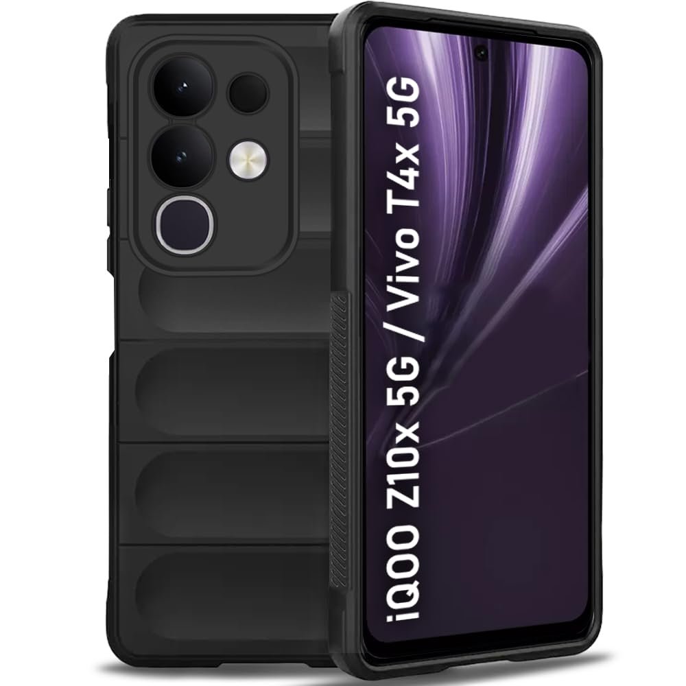 TheGiftKart Liquid Silicon Back Cover Case for iQOO Z10x 5G / Vivo T4x 5G | ShockProof Military Grade Protection | Micro-Fibre Cloth On Inner Side | Built-In Anti-Slip Grip for Back Cover (TPU, Black)