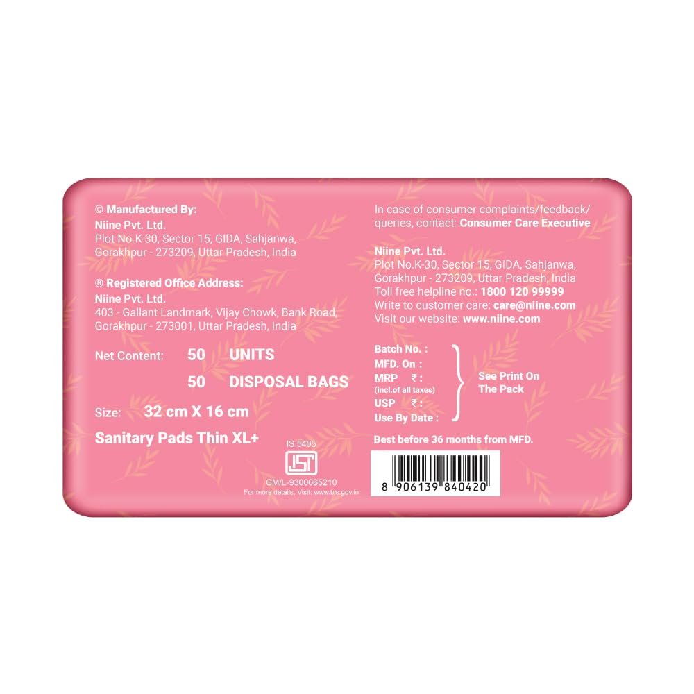 NIINE Naturally Soft Ultra Thin XL+ Sanitary Napkins |320mm Long|Cottony Soft Control Rashes|Long Lasting protection |Suitable for Heavy Flow with Free Biodegradable Disposal Bags (Pack of 1) 50 Pads - Image 3