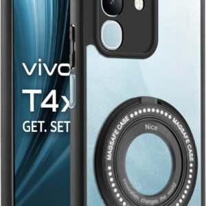 Mr. Case Back Cover for Vivo T4x 5G with Transparent Back & Kickstand | Clear Hard Back with Silicone Frame – Black