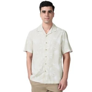 Peter England Men Cotton Blend Classic Fit Floral Print Shirt Cuban Collar,Half Sleeves|Casual Wear