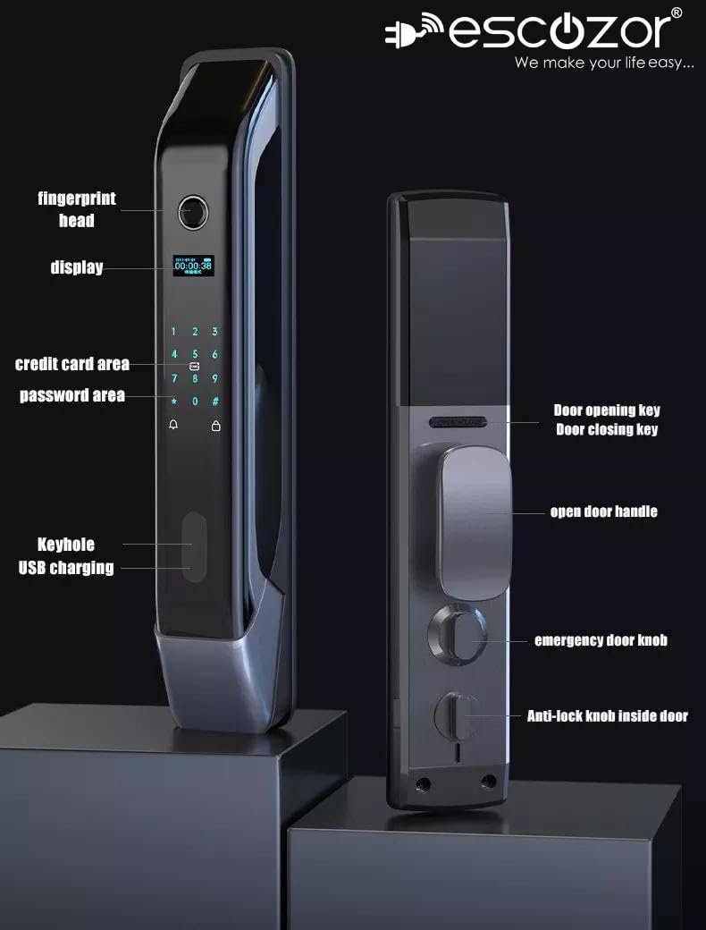 Escozor® EMM01 Smart Digital Pushpull Fingerprint Lock for Main Door,Safety Door with Fingerprint,Password,Smart Card,Mechanical Keys & WiFi Smart Life Mobile App Control(35mm to 70mm Door Thickness) - Image 2