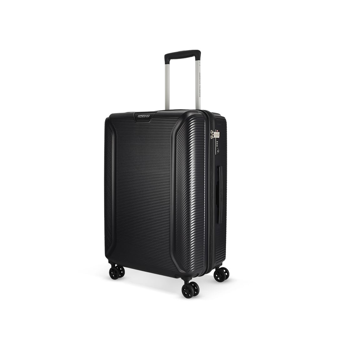 American Tourister Medium Robotech with TSA Lock & 8 Wheel, 67 CM Hard PC Check-in Suitcase for Travel/Trolley Bag for Travel/Travel Bag with Double Wheel for Women & Men - Black