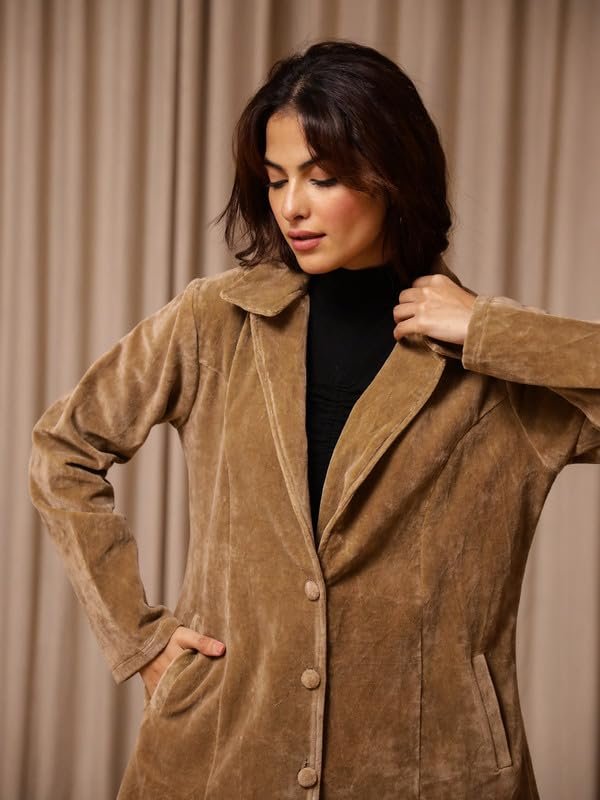 SAY Brown Solid Velvet Long Sleeves Jacket for Women SE-JKT-26_P - Image 3