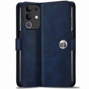 TheGiftKart Flip Cover Back Case for iQOO Z10x 5G / Vivo T4x 5G | Genuine Leather Finish | Designer Button | Inbuilt Pockets & Stand | Flip Cover for iQOO Z10x 5G / Vivo T4x 5G (Faux Leather, Blue)