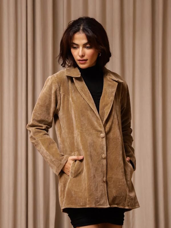 SAY Brown Solid Velvet Long Sleeves Jacket for Women SE-JKT-26_P - Image 2