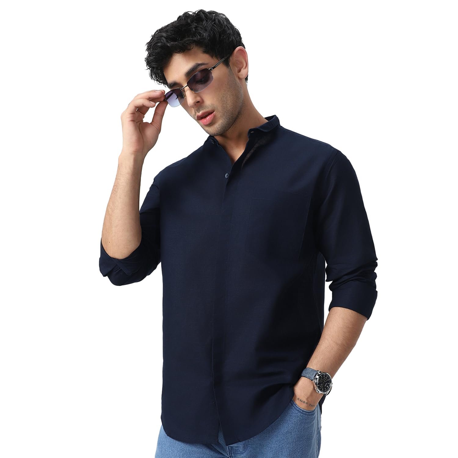 Urbano Fashion Men's Cotton Full Sleeve Regular Fit Casual Solid Shirt with Band Collar