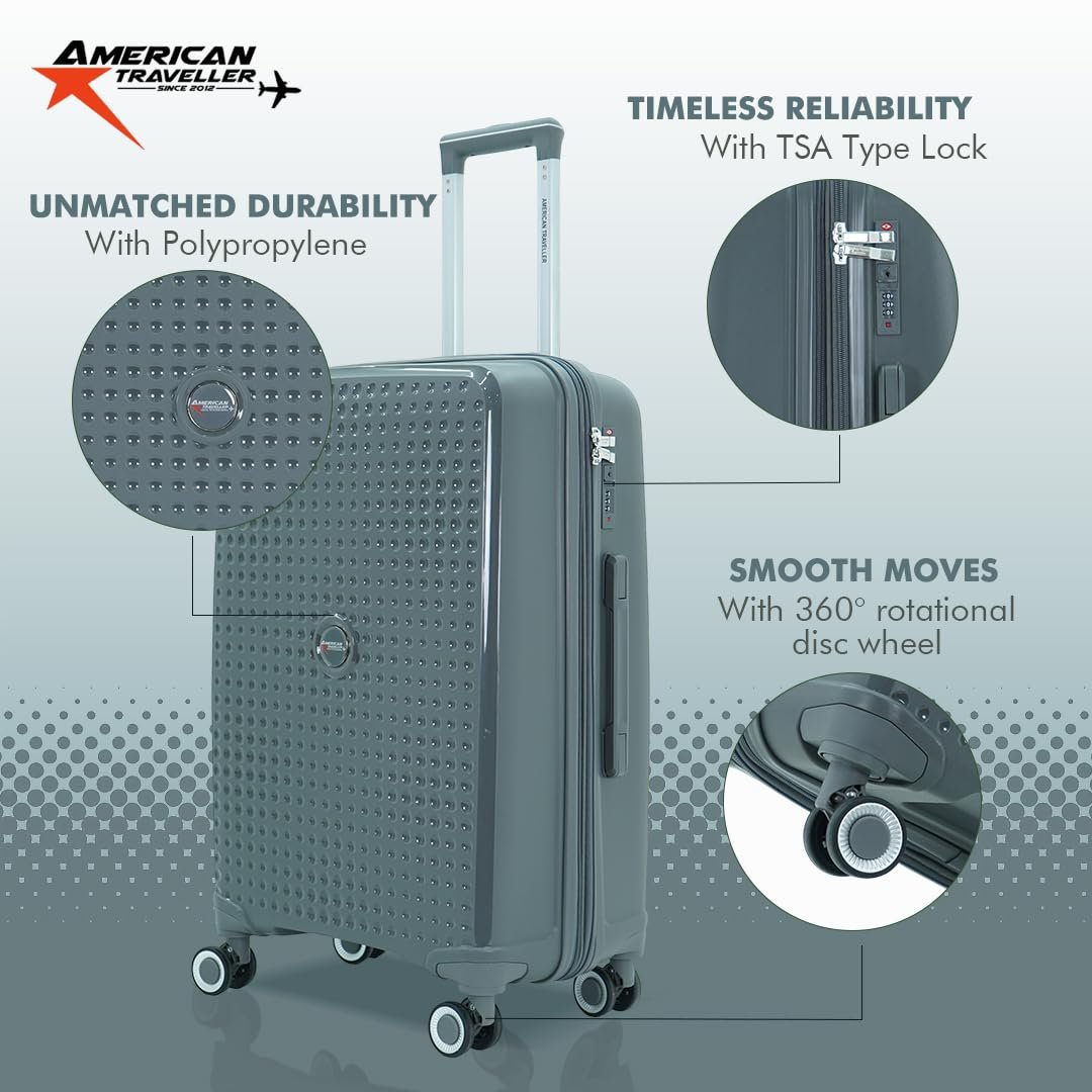 American Traveller Tourispro 2.0 Trolley Bags Lightweight Set of 3 Large and Expandable Suitcase Hardshell Polypropylene Travel Luggage Bag with TSA Type Lock & 8 Disc Wheels. (3, Charcoal Gray) - Image 2