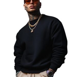 Veirdo Cotton Poly Fleece Oversized Fit Full Sleeves Ribbed Solid Crew Neck Sweatshirt for Men