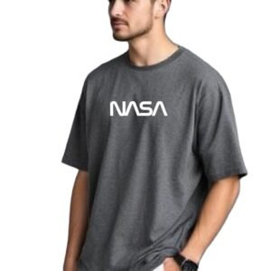 URGEAR Men’s NASA Graphic Cotton Blend T-Shirt, Oversized Fit, Grey, Crew Neck