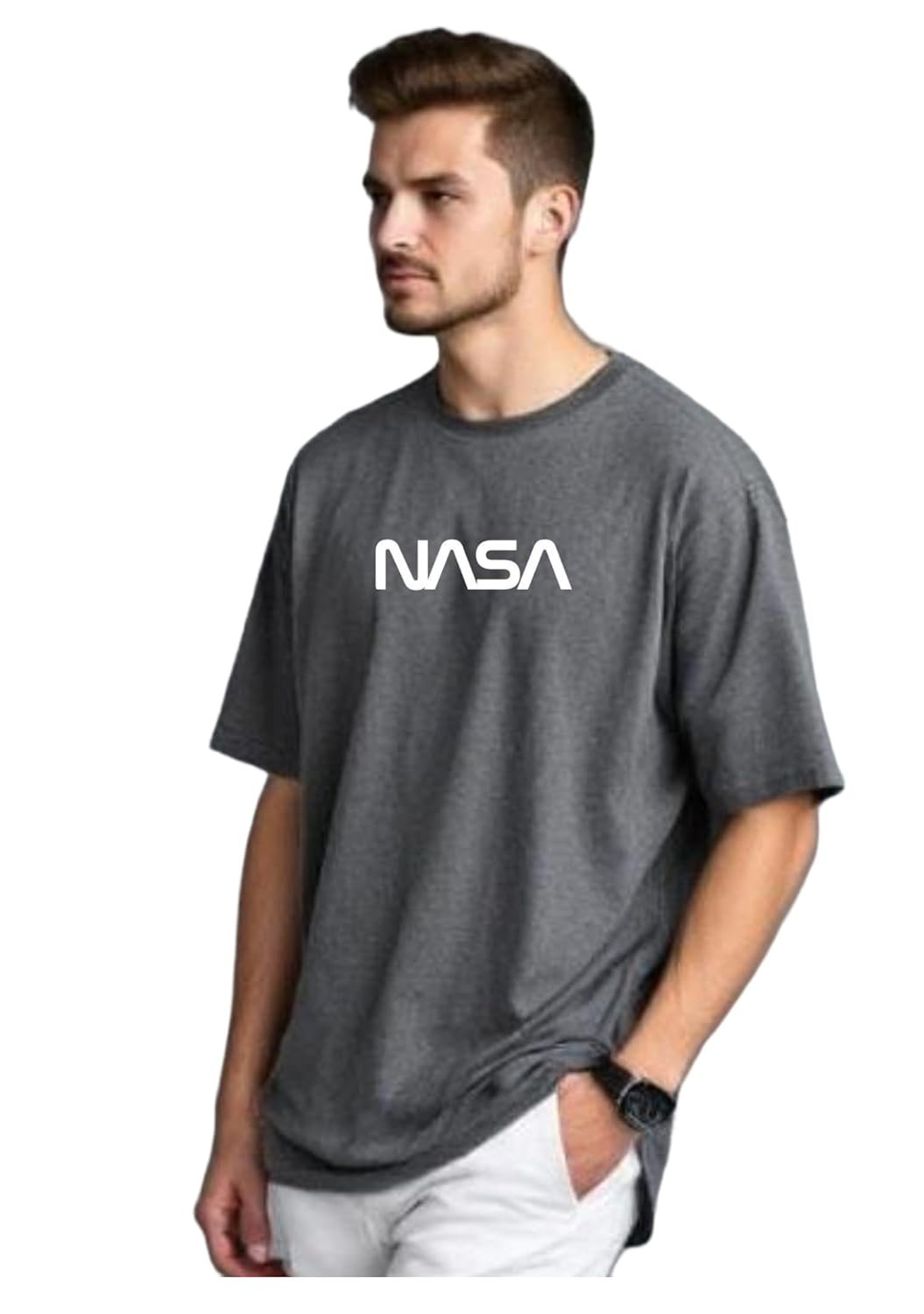 URGEAR Men's NASA Graphic Cotton Blend T-Shirt, Oversized Fit, Grey, Crew Neck