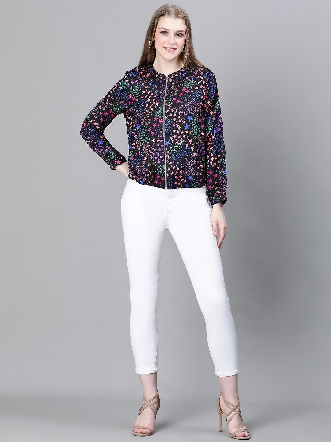 oxolloxo Women Round Neck Zipped Long Sleeve Elasticated Bomber Jacket - Image 5