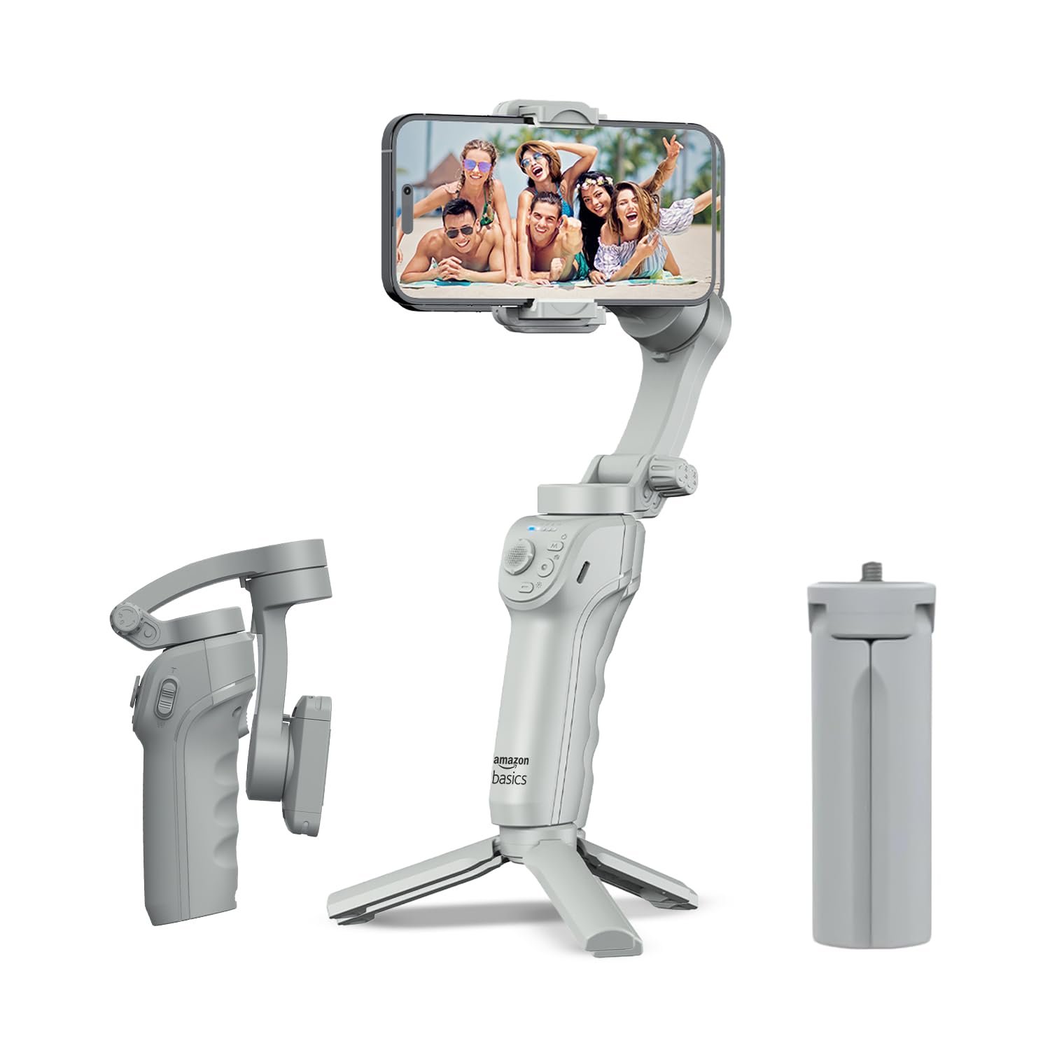 Amazon Basics 3-Axis Smartphone Gimbal Stabilizer with AI Face & Body Tracking | Foldable Design | Adjustable Fill Light | 8 Hr Battery | iPhone, Android Compatible | Perfect for travel/vlogging, Grey