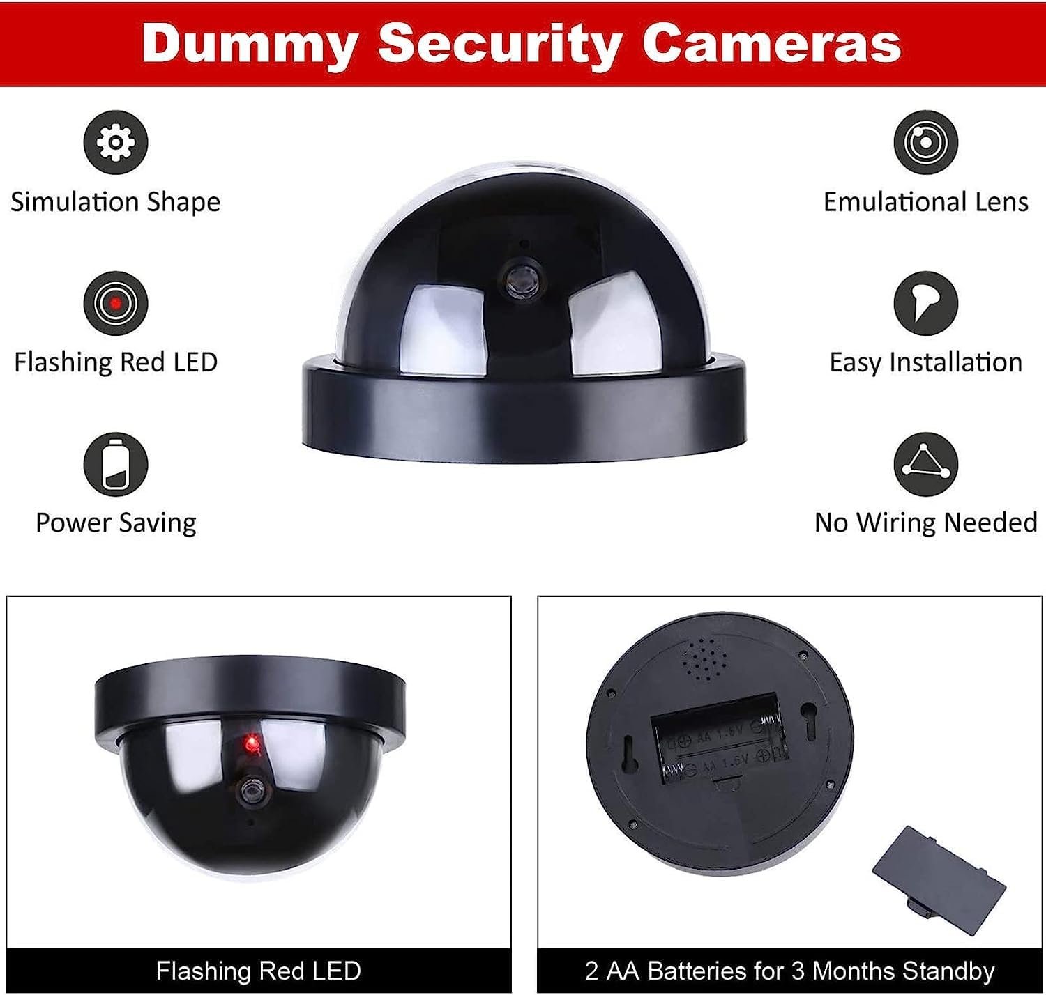 Dummy Fake Camera Security CCTV Dome Cameras with Flashing Red LED Light for Indoor Outdoor Home Business IR Security CCTV False Outdoor Camera Fake Dummy Security Camera Realistic Looking (1, Black) - Image 5