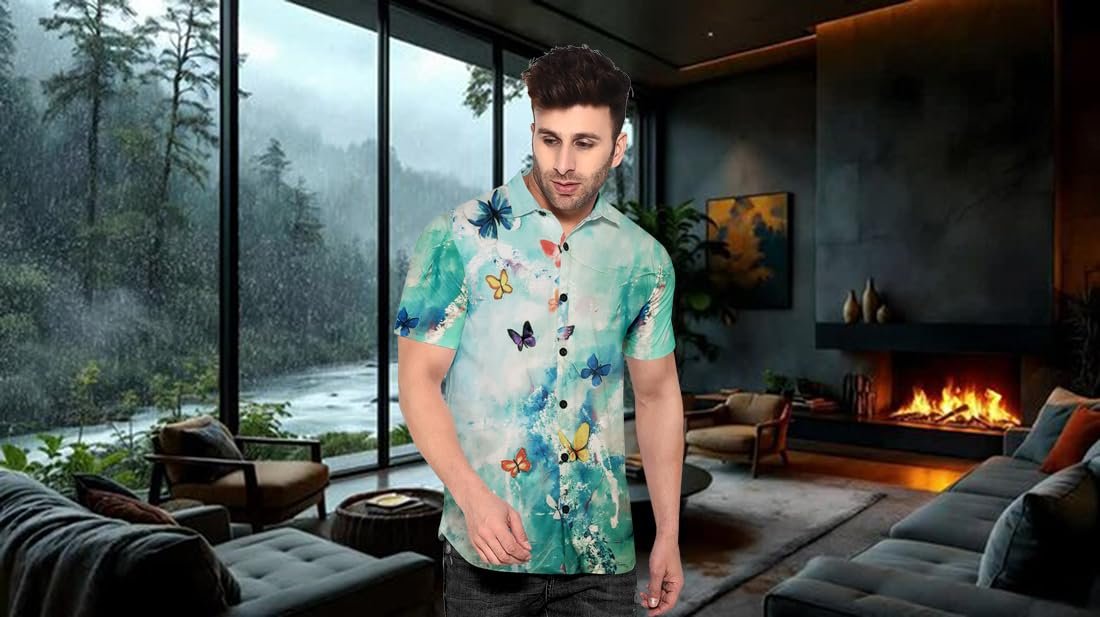 Watercolor Butterfly Print Mens Regular Fit Shirt, Short Sleeve, Summer Beach Style, Casual Hawaiian Pattern - Image 3