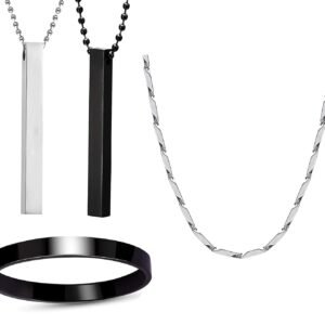 Okos Men’s Stainless Steel Jewellery Set Combo Pack of 2 Cuboid Vertical Bar Pendant With 1 Rhodium Plated Rice Shape Link Neck Chain And 1 Black Finish Full Kada Bracelet For Boys and Men