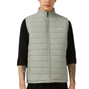 Dennis Lingo Men Grey Solid Regular Fit Sleeveless Mock Collar Padded Jacket