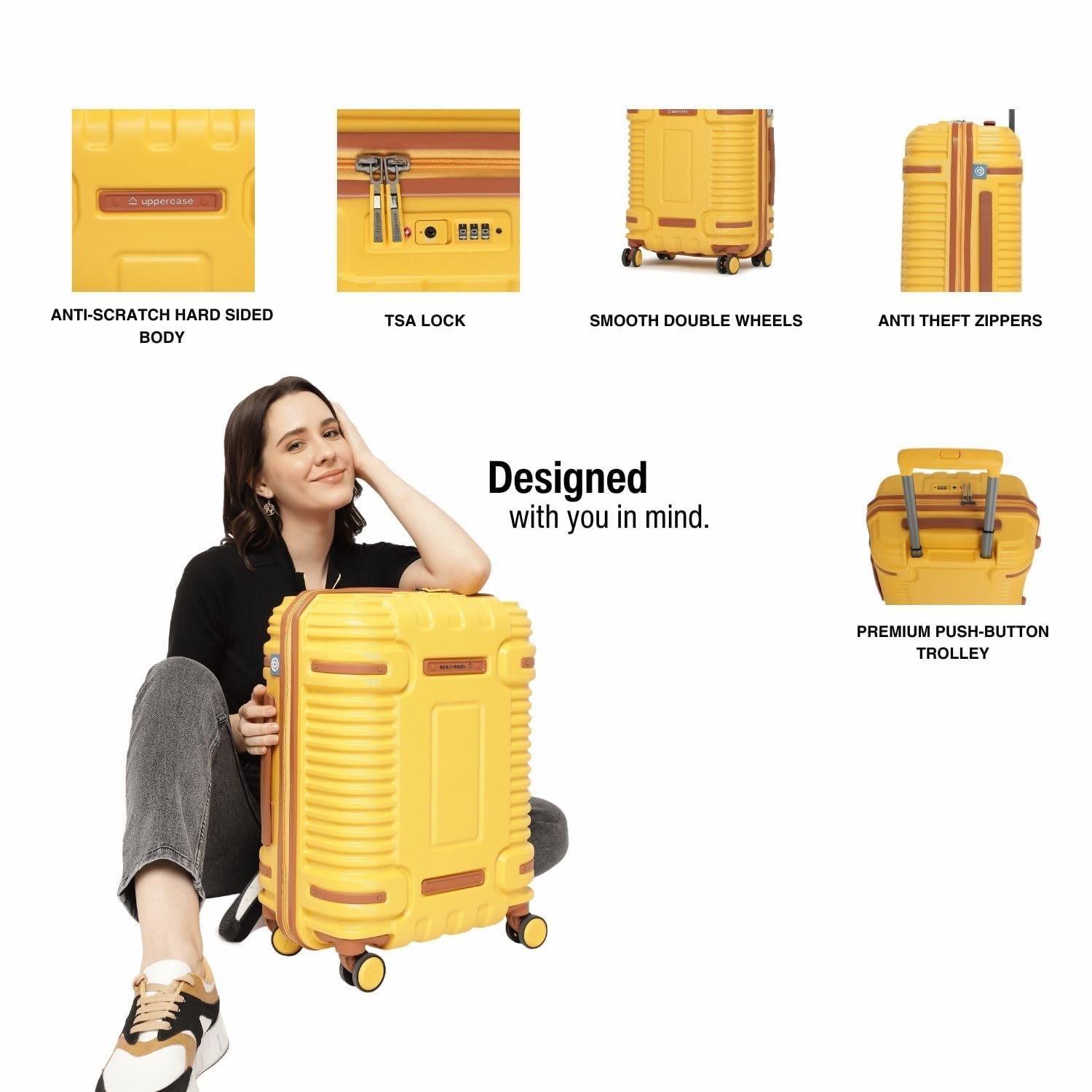 uppercase Ridge Trolley Bag (Small) 55Cms|Hardsided Polycarbonate Cabin Luggage|8 Spinner Wheel Eco Trolley Bag With Tsa Lock & Anti Theft Zippers|Suitcase For Men&Women|2000 Days Warranty (Yellow) - Image 4