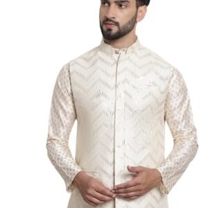 SOJANYA (Since 1958 Men’s Silk Blend, Gold Sequence Embroidered Nehru Jacket