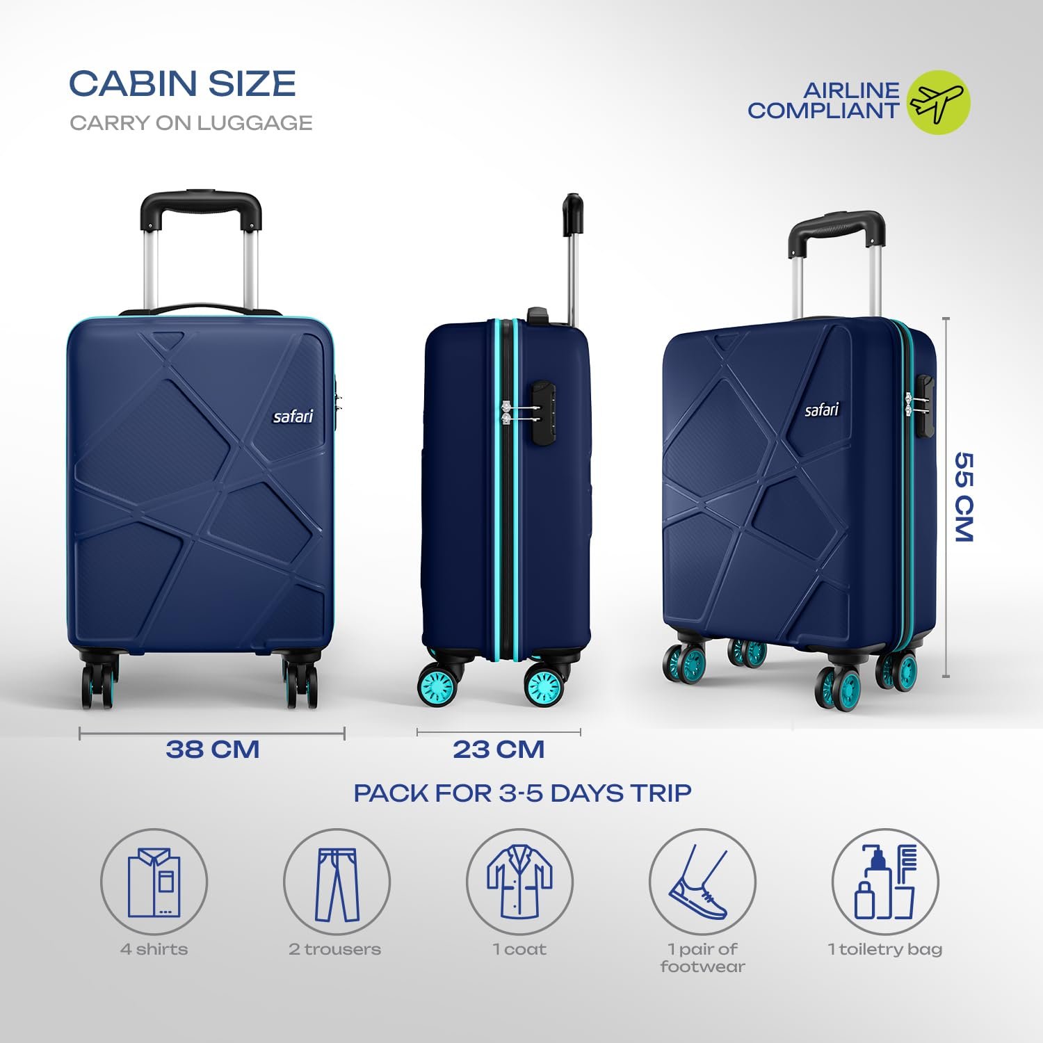 Safari Pentagon Pro 8 Wheels 55Cm Cabin Trolley Bag Hard Case Polypropylene, 360º Wheeling Carry on Luggage for Men & Women, Travel Bag, Suitcase for Travel, Trolley Bags for Travel, Navy - Image 7