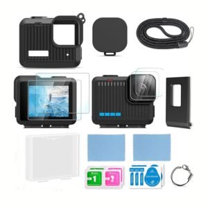 Black Silicone Sleeve Rubber Protective Case Only Applicable to Hero 4K,Camera Shield & HD Tempered Glass Lens Screen Protectors for Hero 4K Camera