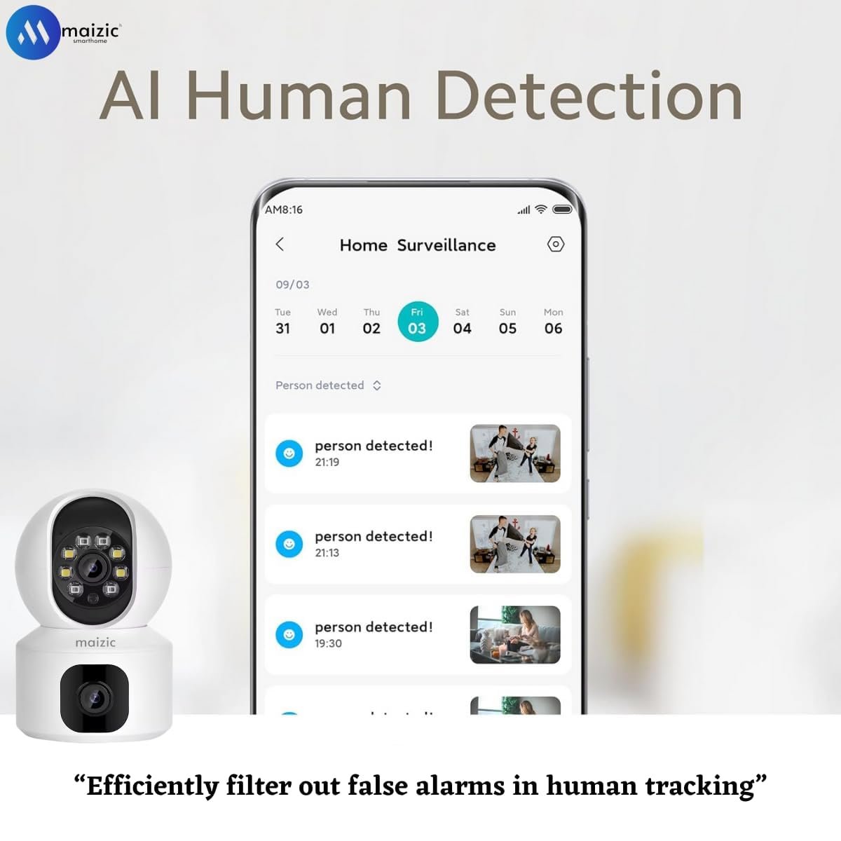 Maizic Smarthome Supercam 5+5 MP CCTV Camera 360° Security Wi-Fi Camera for Home, Pan & Tilt, Color Night Vision 20M, Smart Motion Tracking, 2-Way Talk (S- Pack of 2 Supercam WiFi Indoor) - Image 6