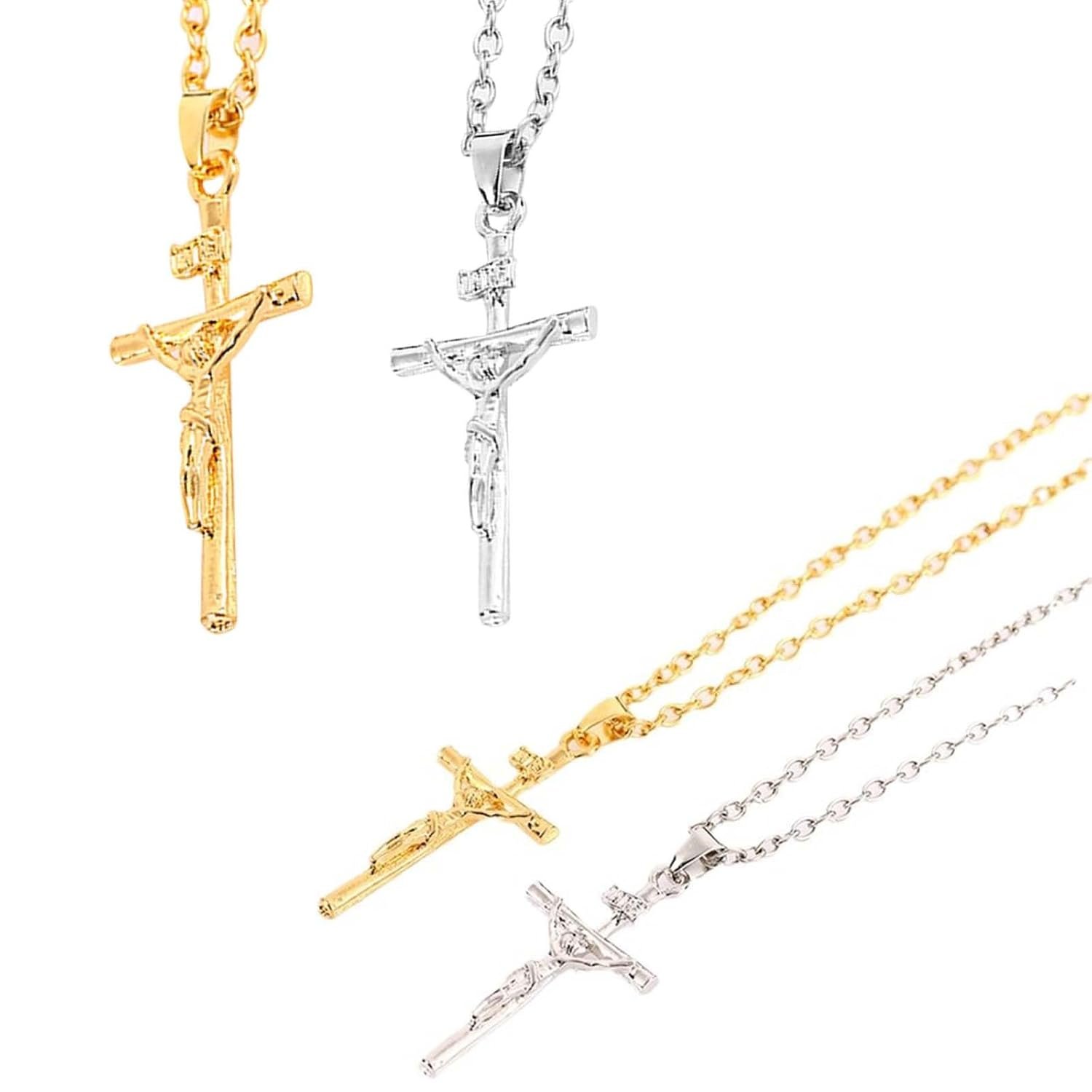 2 PCS Cross Necklace, Jesus Cross Chain for Men and Women, Stainless Steel Pendant Necklace, Silver and Gold Cross Chain, Gift for Christmas, Valentine, Birthday, Anniversary