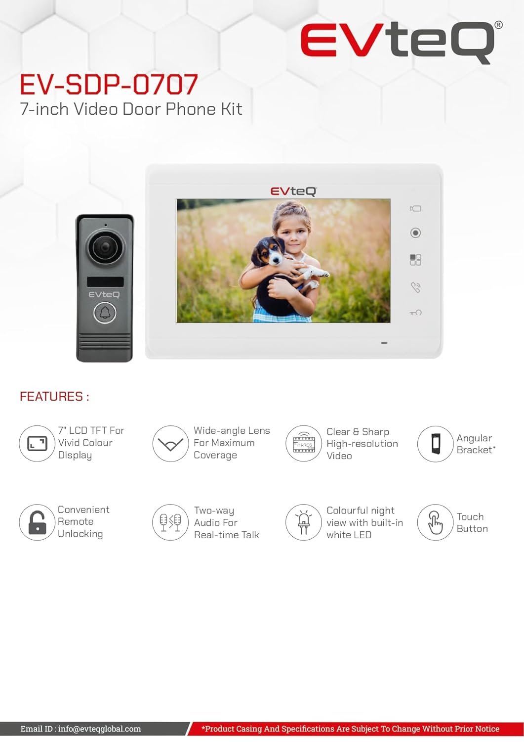 EV-SDP-0707 7-Inch Video Door Phone Kit with Wide-Angle Camera, Two-Way Audio VDP, Night Vision VDP