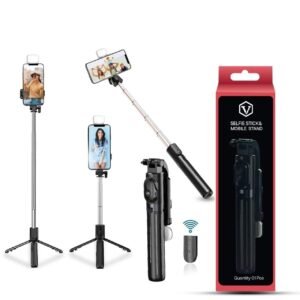 Extendable Bluetooth Selfie Stick Tripod | Rechargeable Fill Light & 360° Rotation | Compatible with iPhone & Android Phones for Vlogging & Photography (1 Meter) – Black